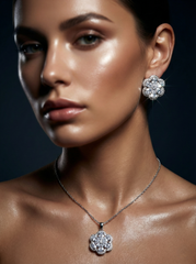 Silver-Toned Floral American Diamond (AD) Pendant Set with Matching Earrings