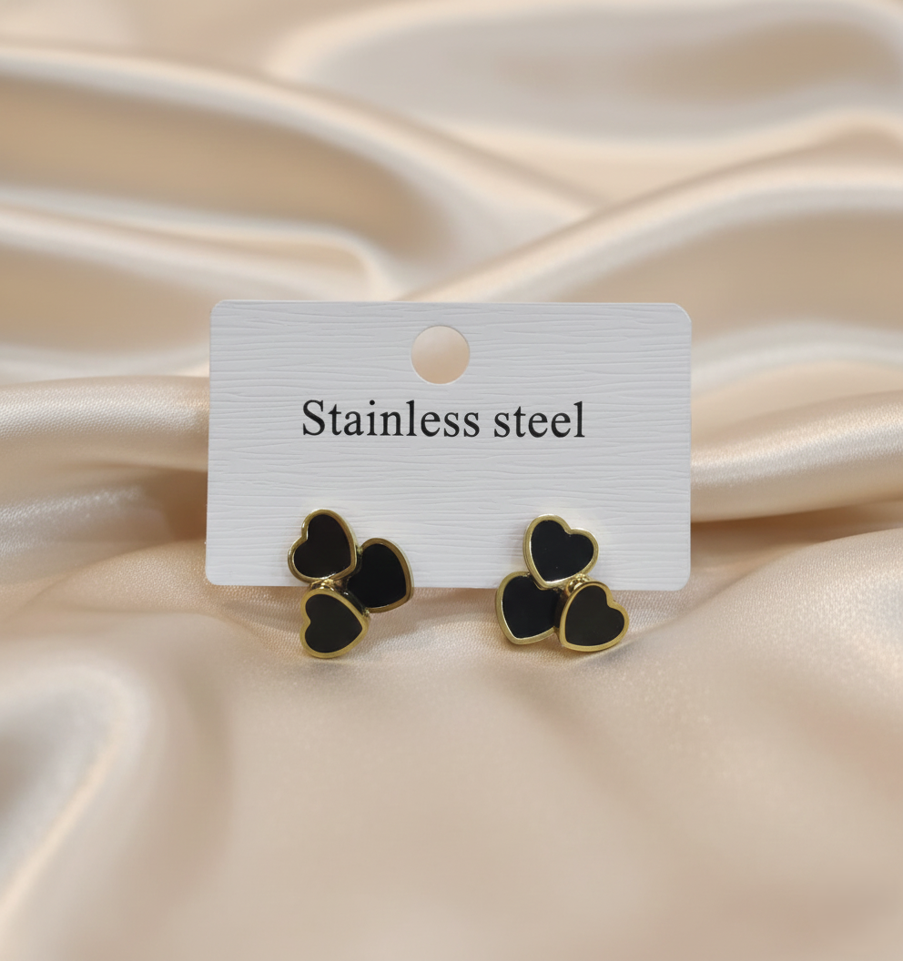 Stainless Steel Triple Heart Black Onyx & Gold Studs
