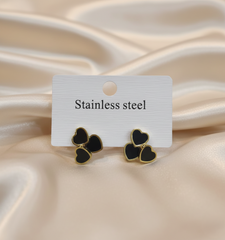 Stainless Steel Triple Heart Black Onyx & Gold Studs