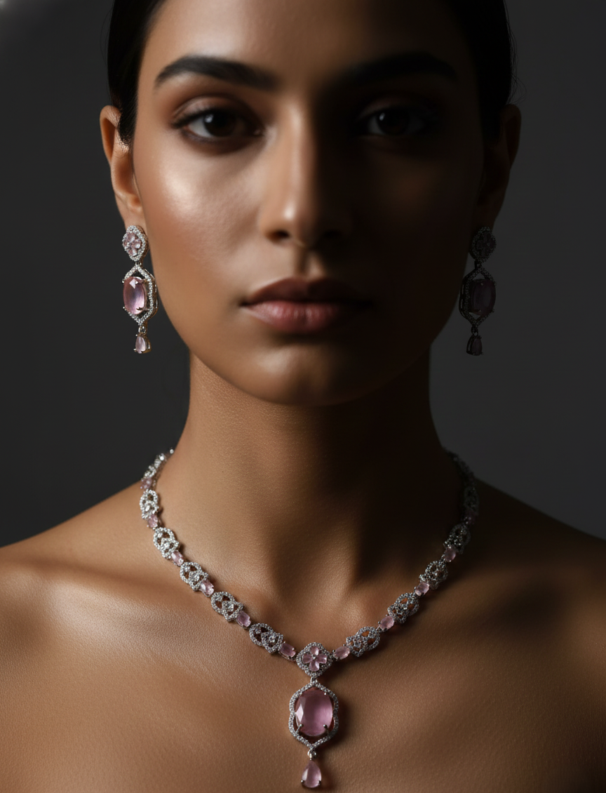 NISA Pink Quartz & Zirconia AD Necklace Set