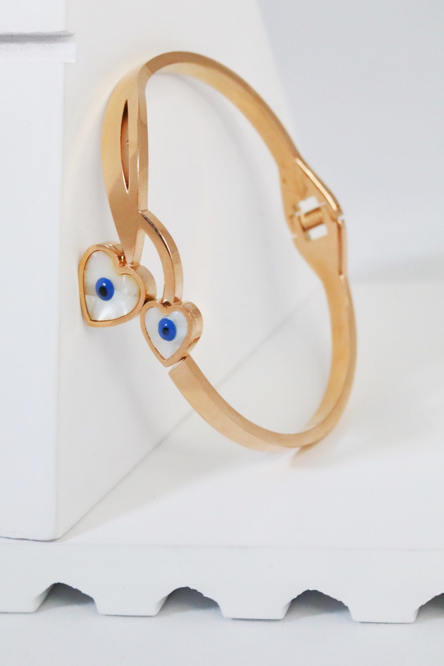 P-Nisa Premium Rose-Gold Polish Evil-Eyes Design With Heart Shape White Pearl Studded Bracelet For Women and Girls