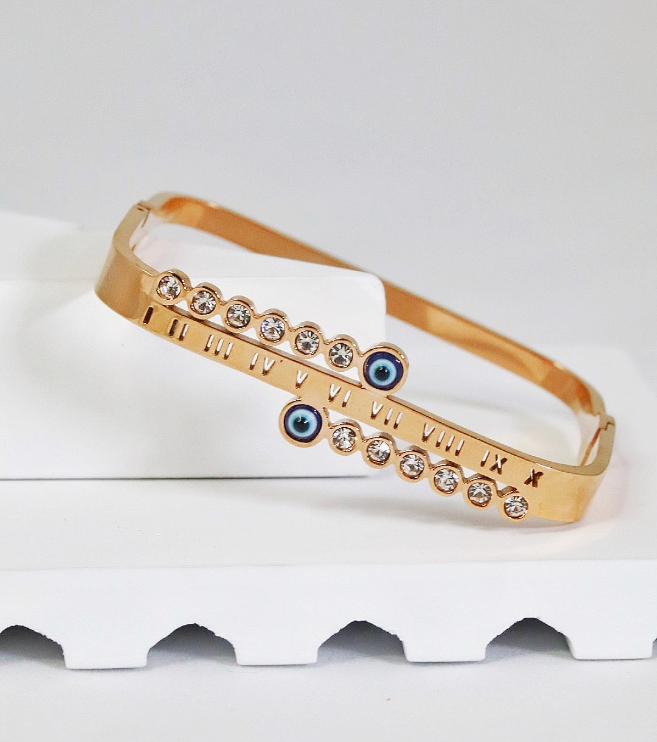 Nisa Premium Rose-Gold Polish Evil-Eye Design With Diamond Studded Bracelet For Women and Girls