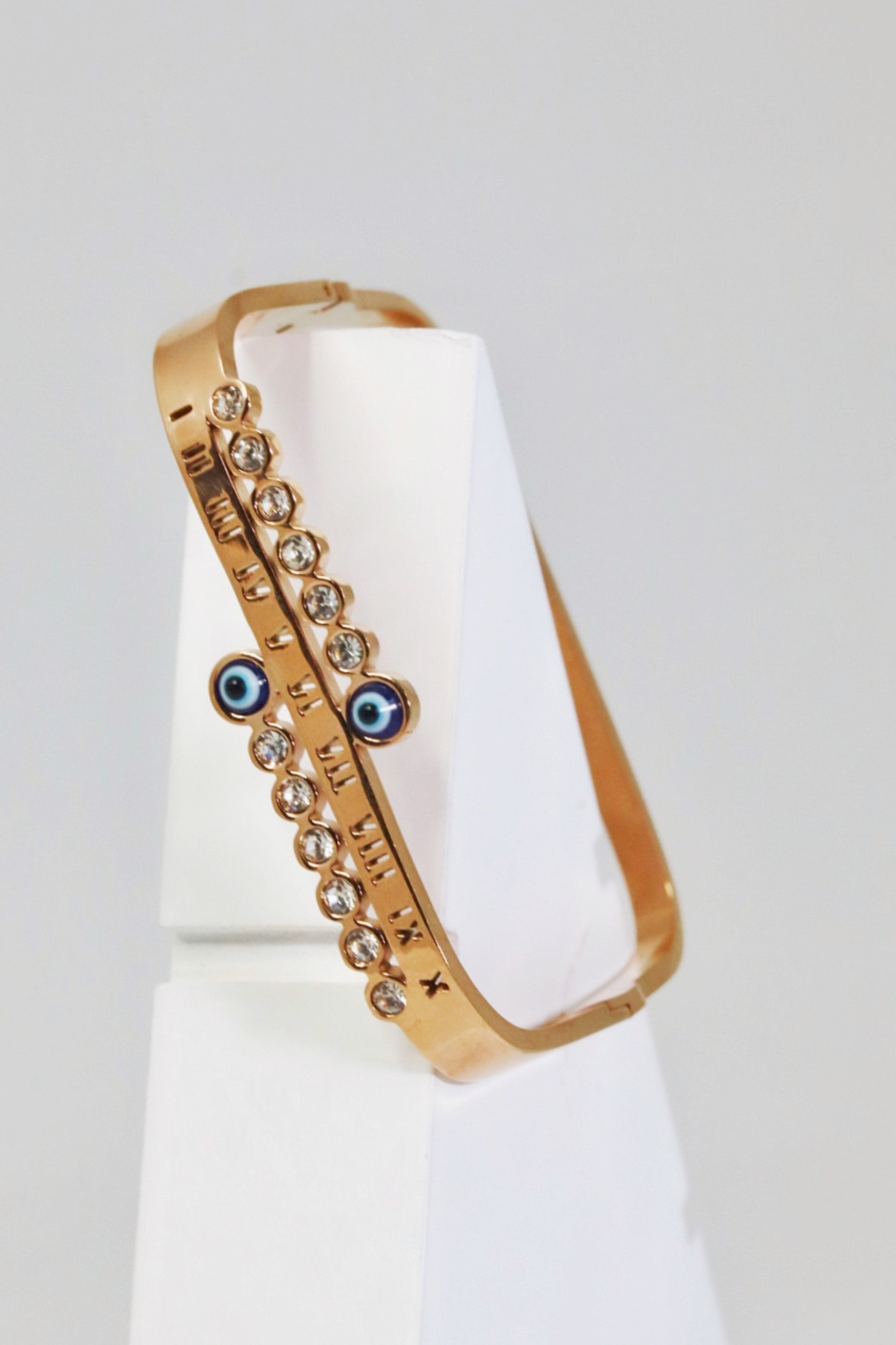 Nisa Premium Rose-Gold Polish Evil-Eye Design With Diamond Studded Bracelet For Women and Girls
