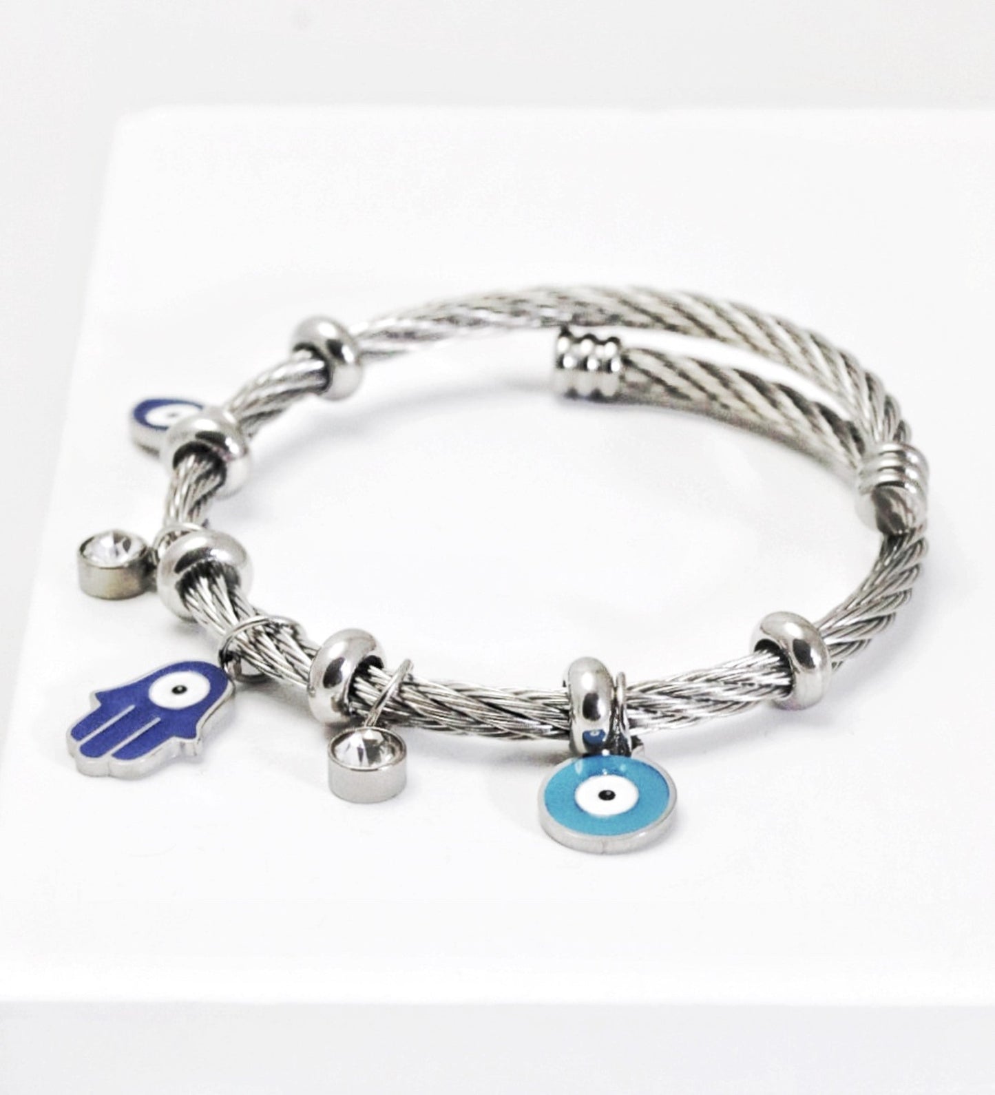 P-Nisa Premium Silver-Polish Hanging Evil-Eyes Design With Diamond Studded Bracelet For Women and Girls