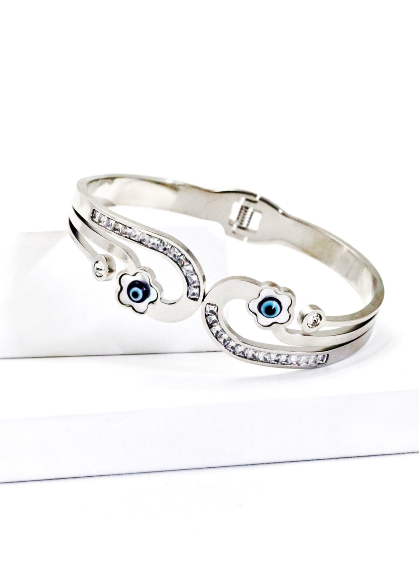 P-Nisa Premium Silver-Polish Evil-Eyes In Flower Design With Diamond And Pearl Studded Bracelet For Women and Girls