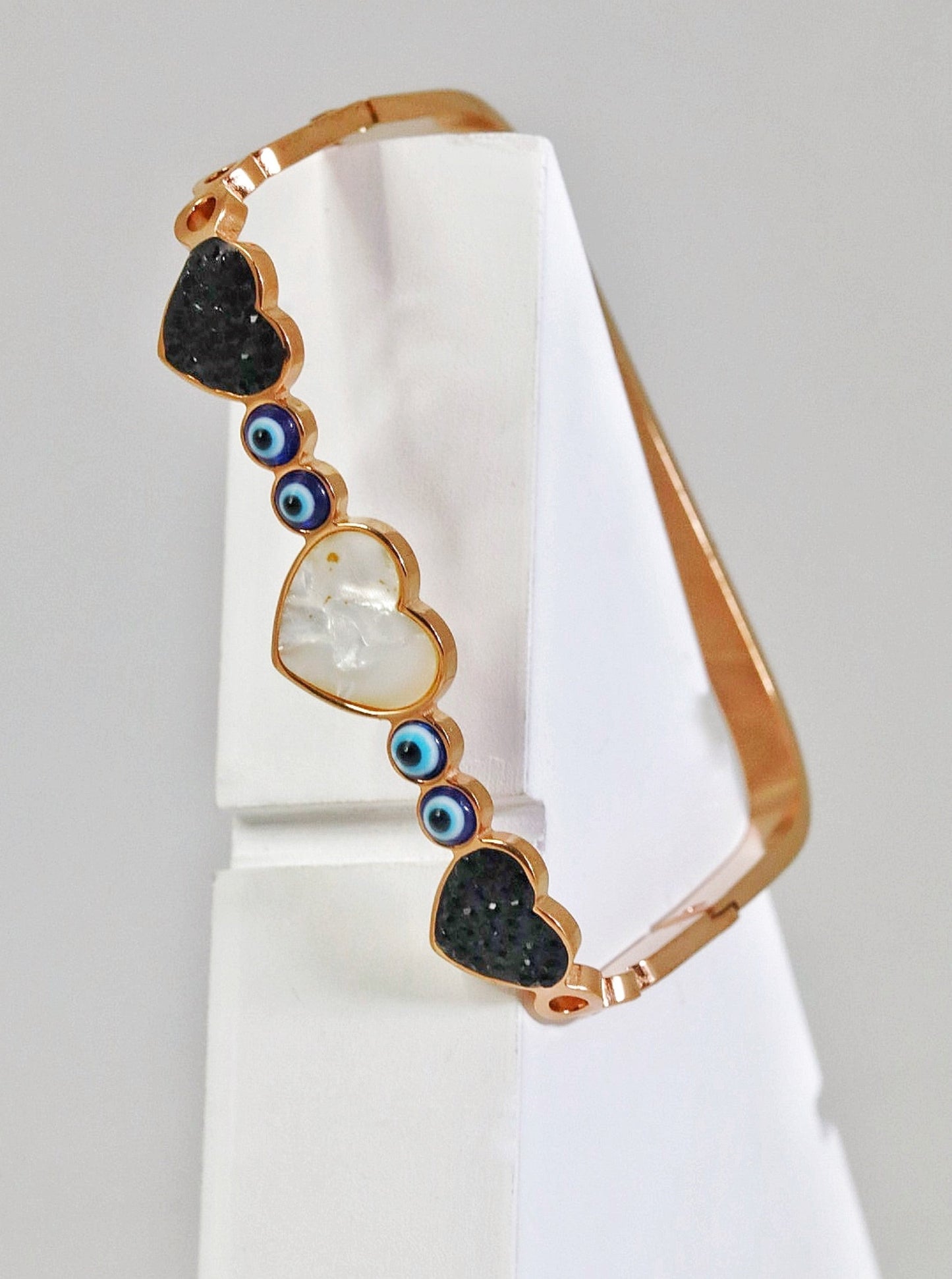 P-Nisa Premium Rose-Gold Polish Evil-Eyes With Heart Design With Diamond And Pearl Studded Bracelet For Women and Girls