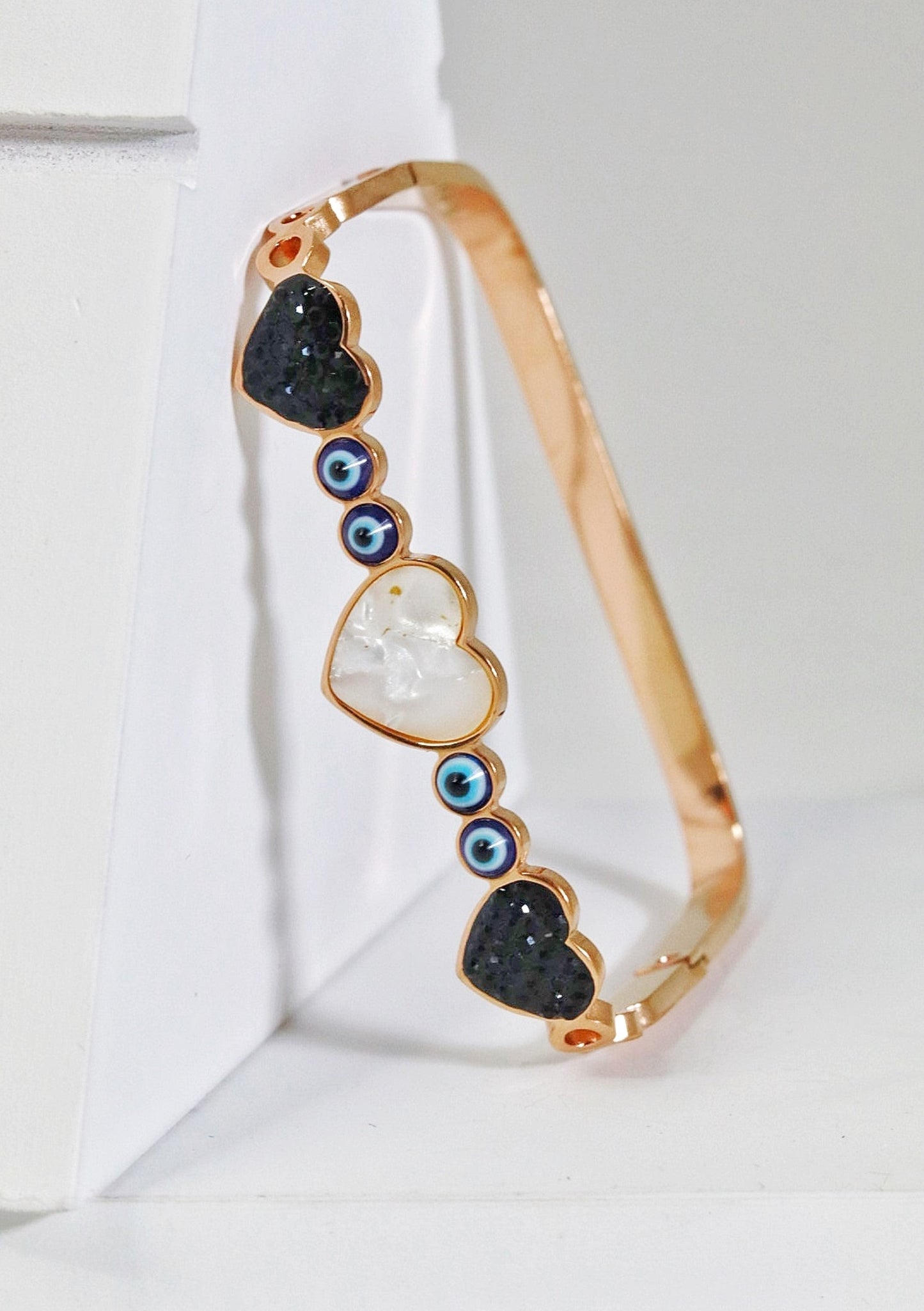 P-Nisa Premium Rose-Gold Polish Evil-Eyes With Heart Design With Diamond And Pearl Studded Bracelet For Women and Girls