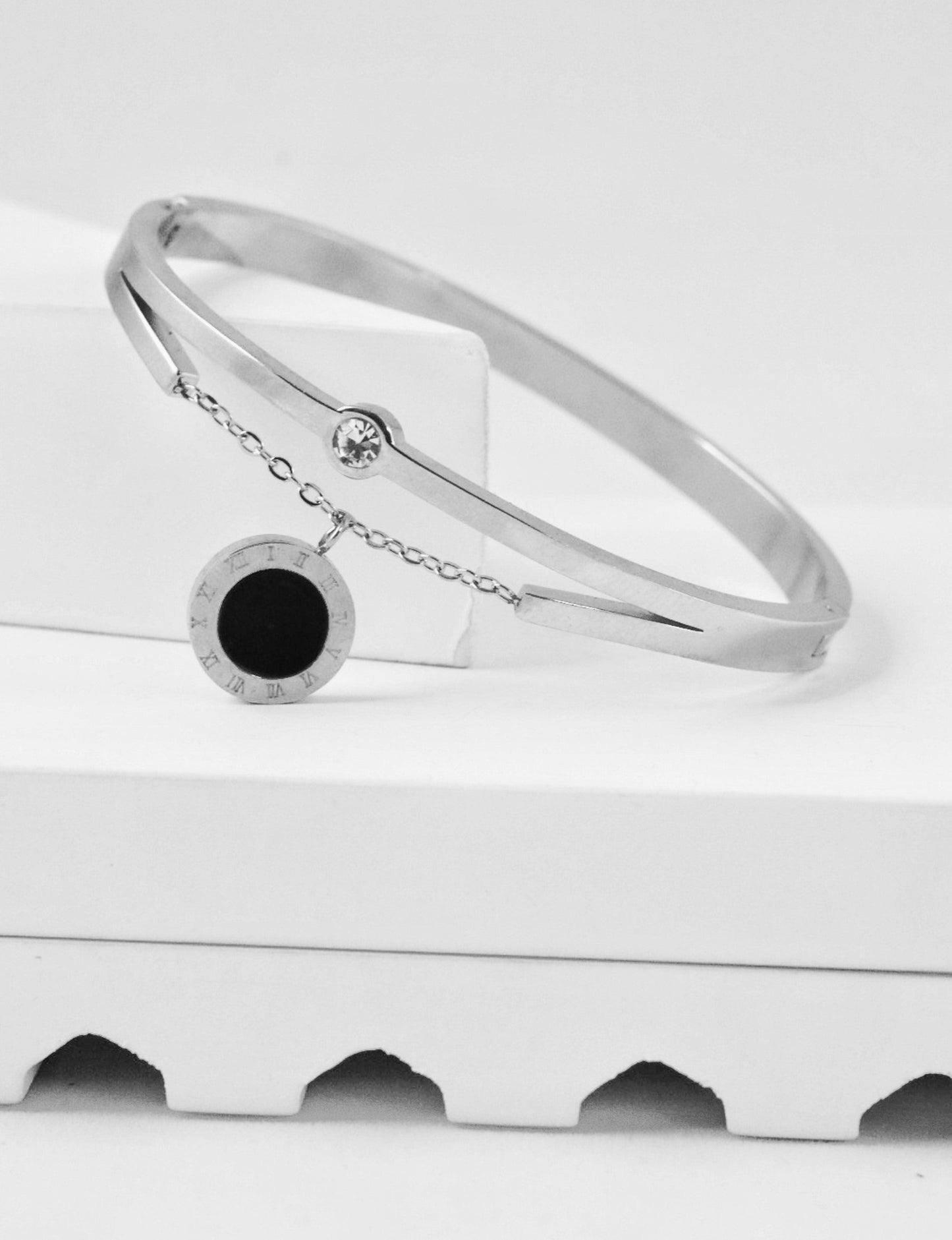 P-Nisa Premium Silver Polish Hanging Roman Numbers Design With Daimond And Ceramic Studded Bracelet For Women and Girls