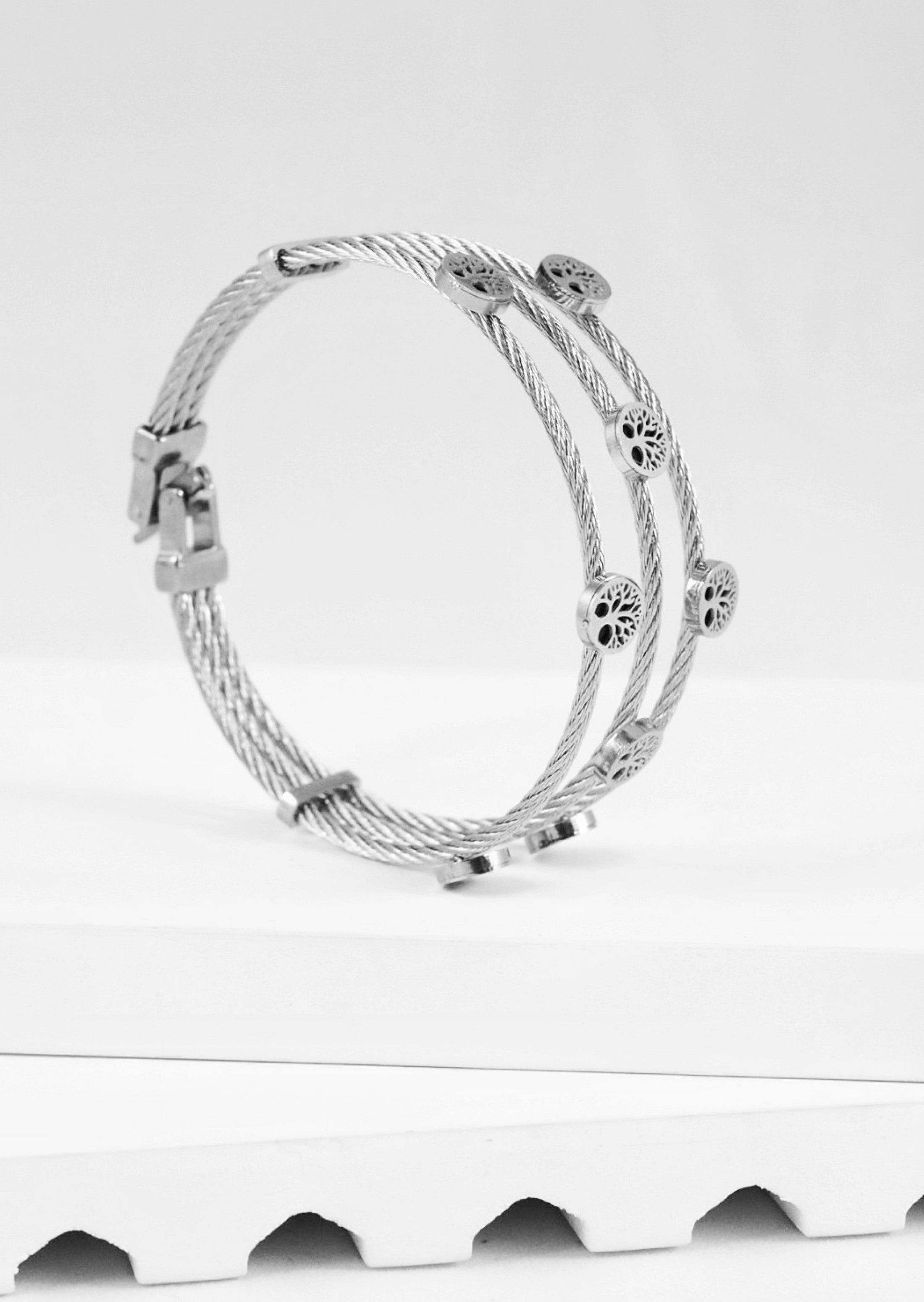 Nisa Premium Silver-Polish Tree Rings Design In Wire Bracelet For Women and Girls