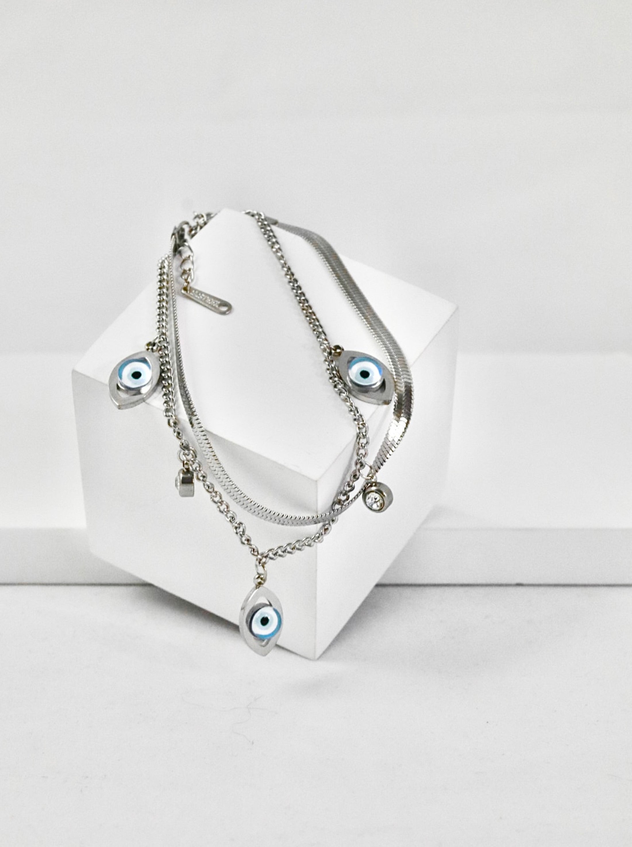 Nisa Premium Silver Polish Evil-Eye Design With Diamond Studded Bracelet For Women and Girls