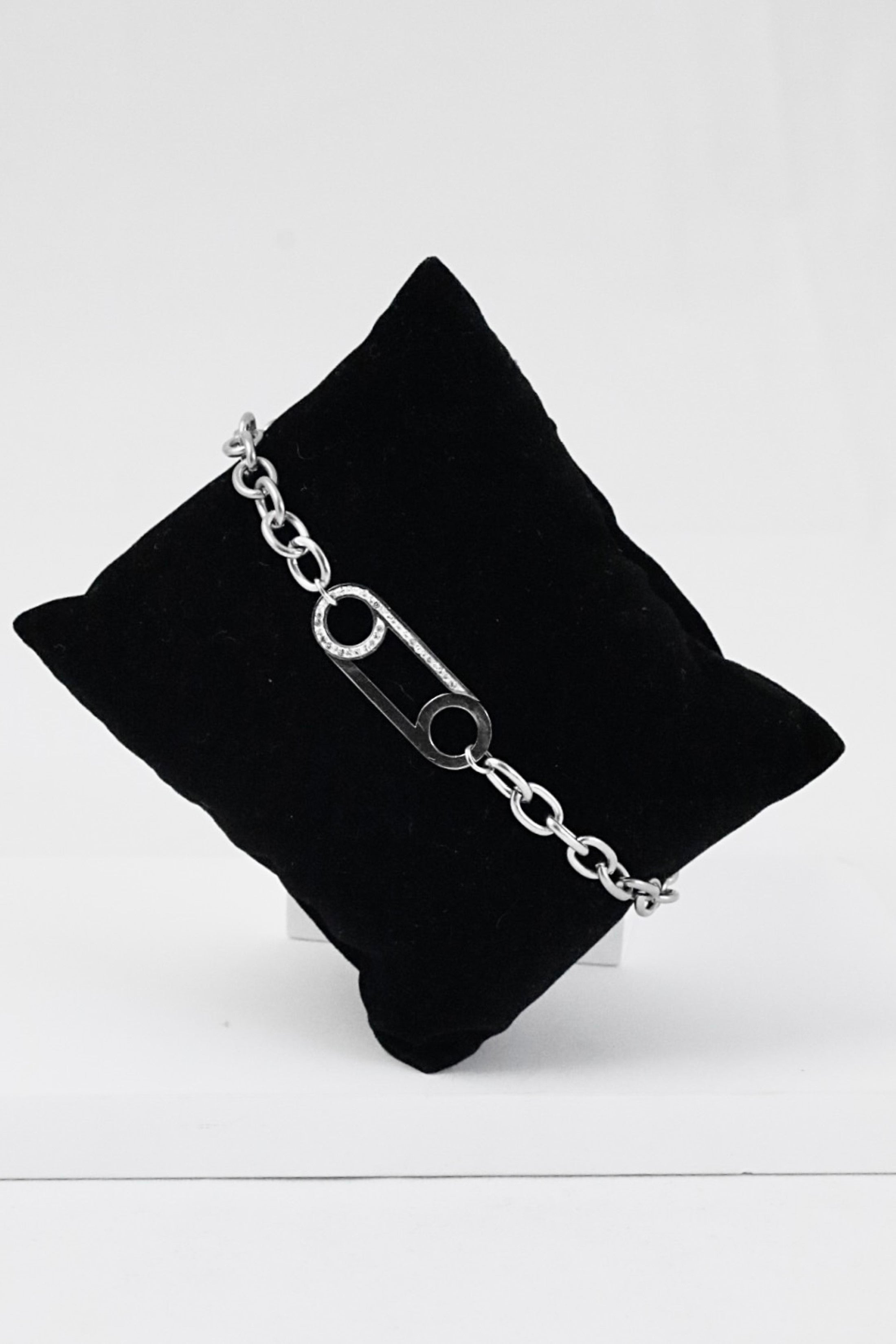 Nisa Premium Silver Polish Delicate Safety-Pin Design With Diamond Studded Bracelet For Women and Girls