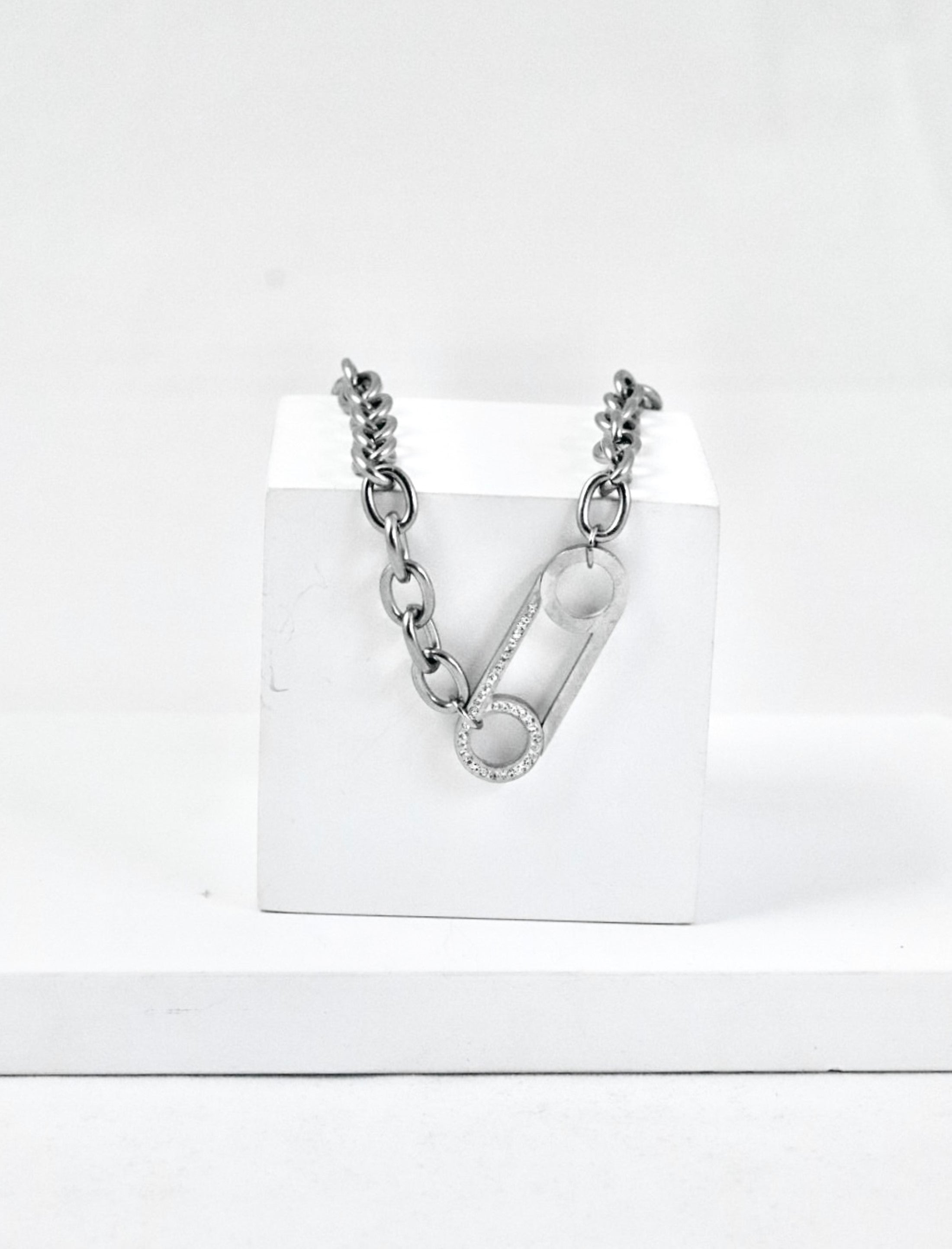 Nisa Premium Silver Polish Delicate Safety-Pin Design With Diamond Studded Bracelet For Women and Girls