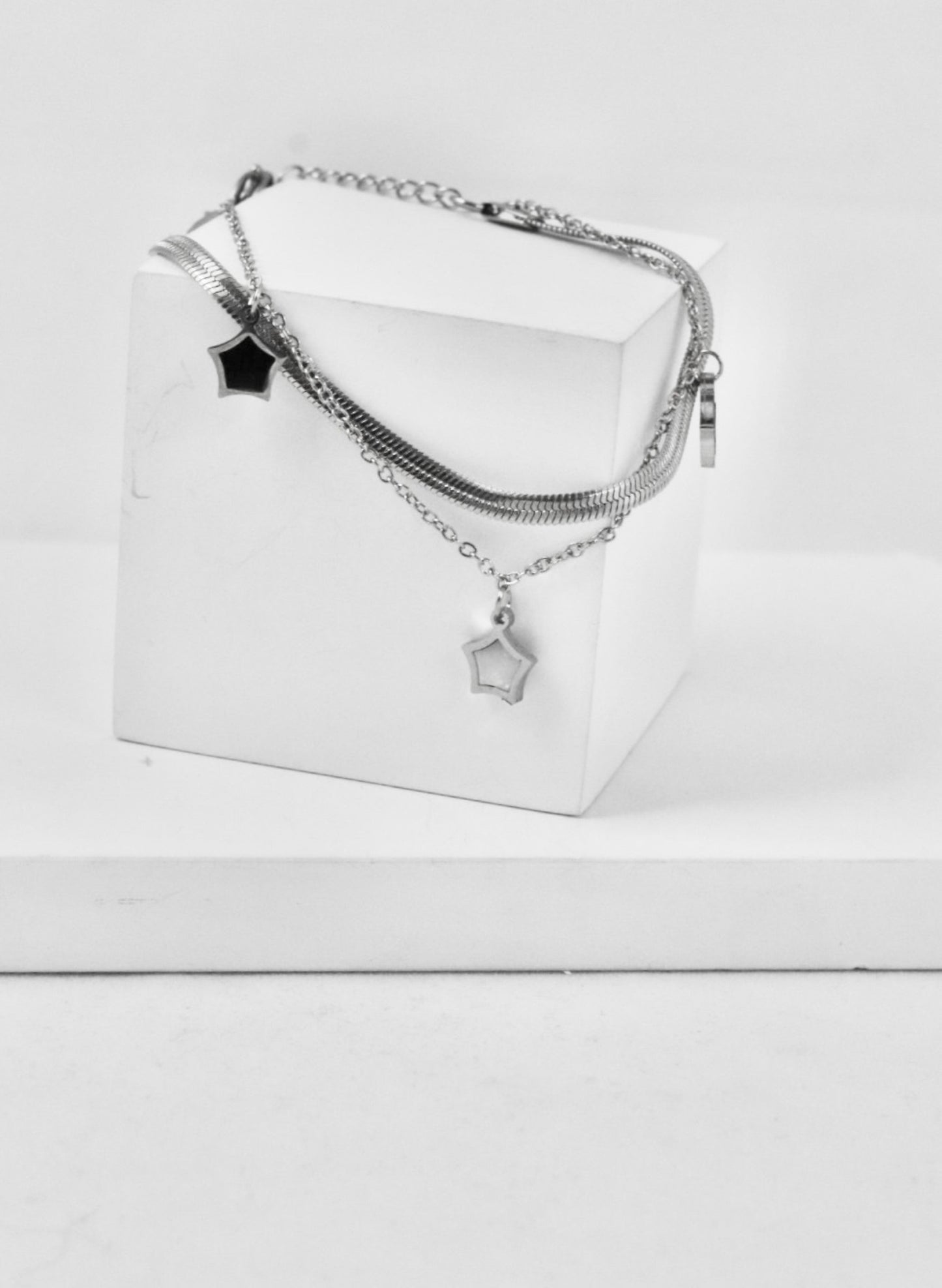 P-Nisa Premium Silver Polish Sterling Star Design With Black And White Pearl Studded Bracelet For Women and Girls
