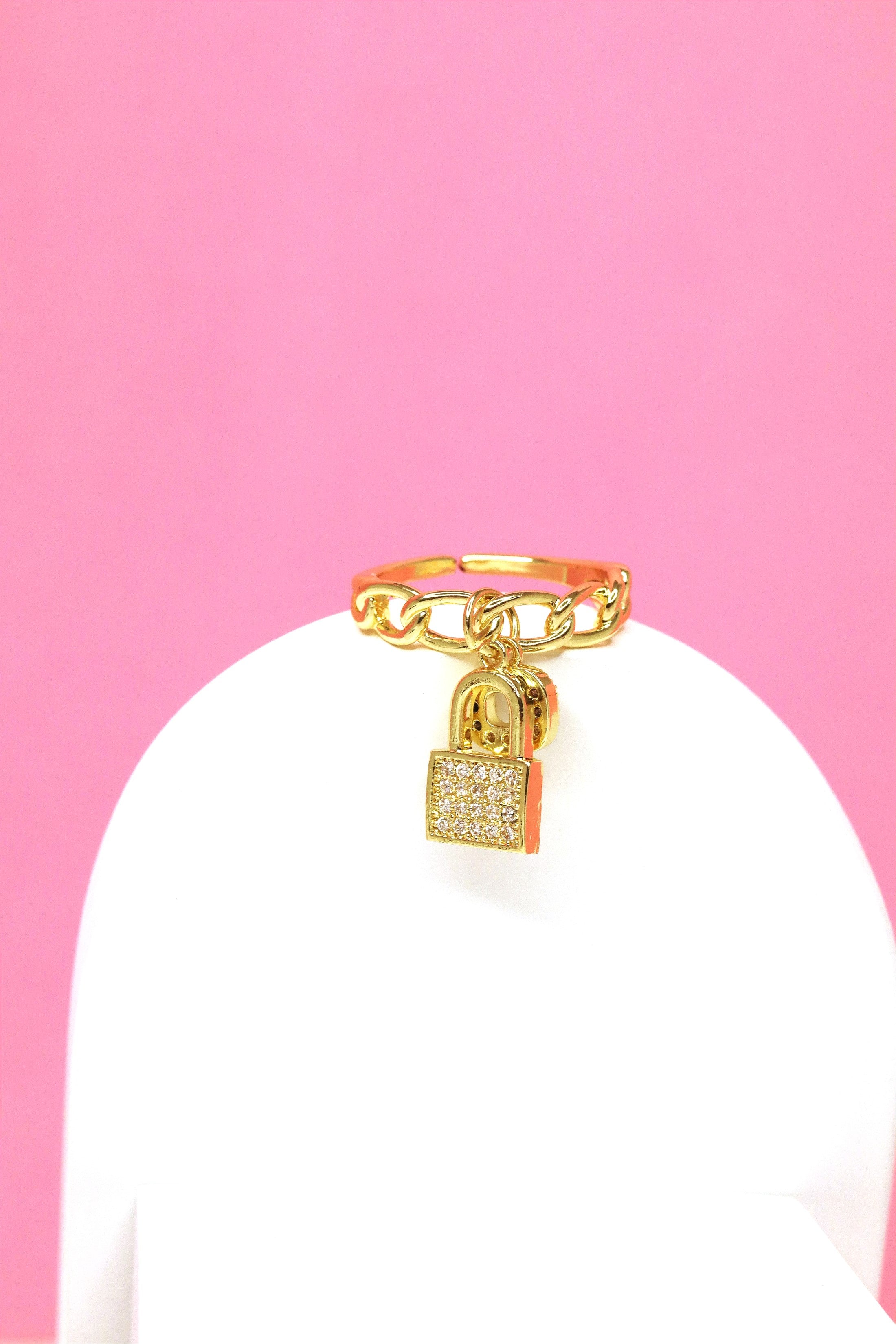 Nisa Premium Golden-Polish Too Delicate Lock & Key Design With Diamonds Studded Fingering For Women and Girls