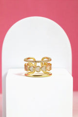 Nisa Premium Golden-Polish Joint Heart Shape Design With Diamonds And Heart Shape Pearl Studded Fingering For Women and Girls