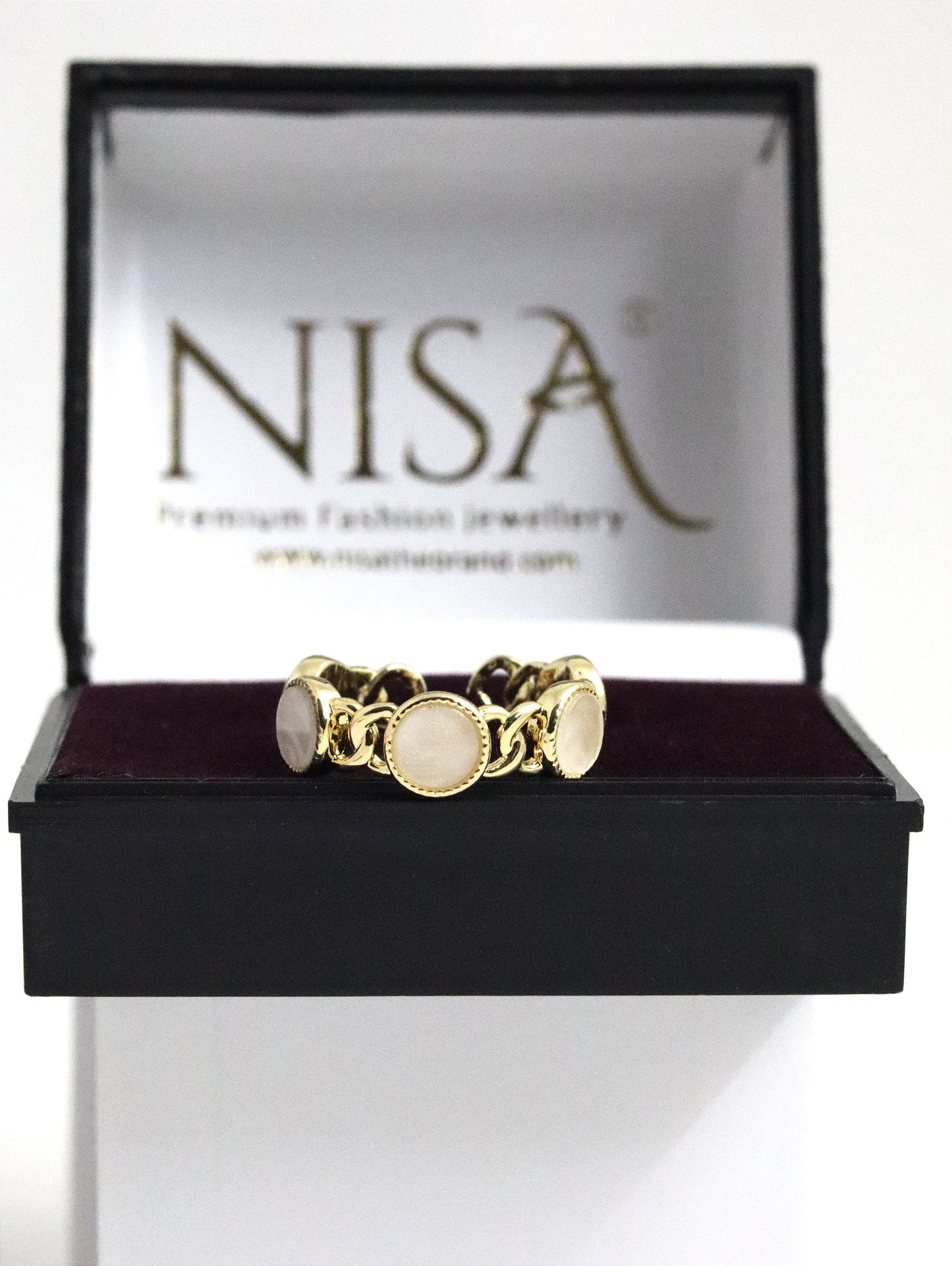 P-Nisa Premium Golden-Polish Chain Stiff Design With White Pearl Fingering For Women and Girls