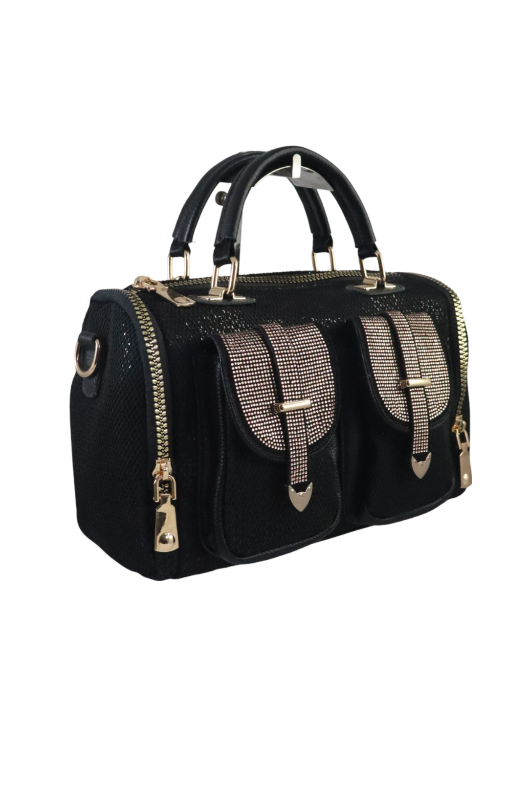 Elegant Black Sequence Handbag with Dual Front Pockets