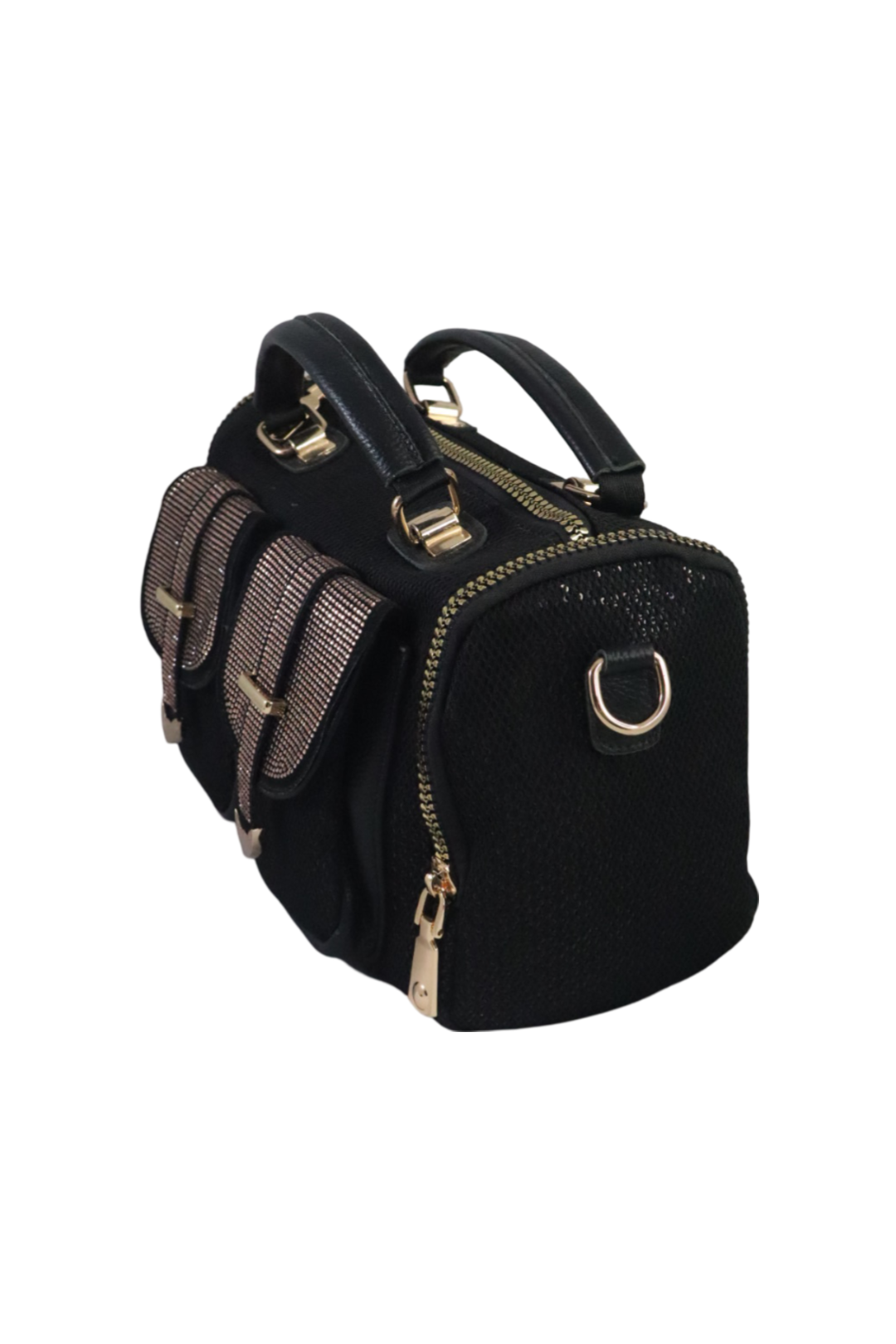 Elegant Black Sequence Handbag with Dual Front Pockets