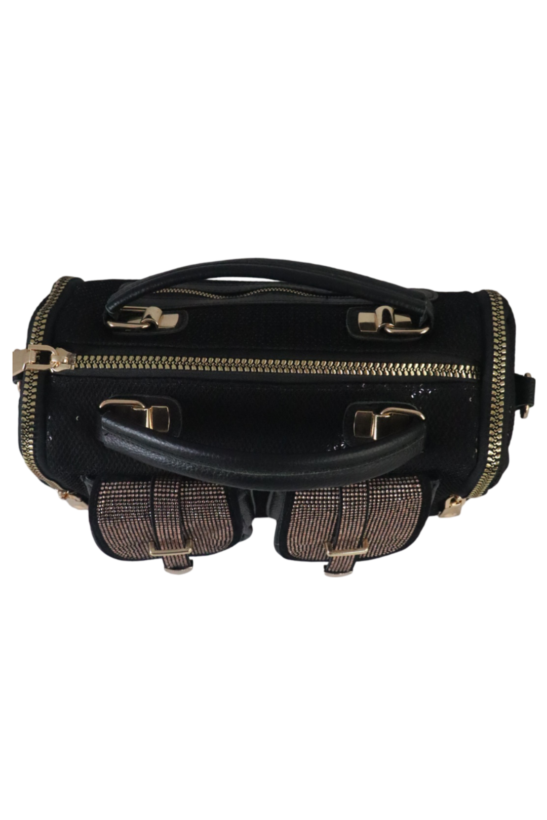 Elegant Black Sequence Handbag with Dual Front Pockets