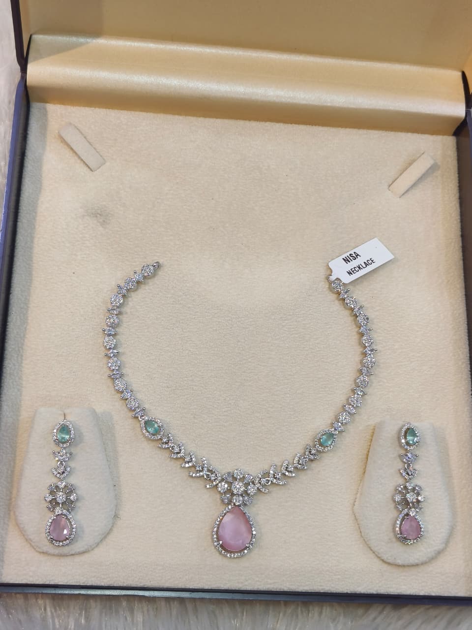 Pink & Mint Green AD Necklace & Earring Set