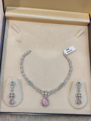 Pink & Mint Green AD Necklace & Earring Set