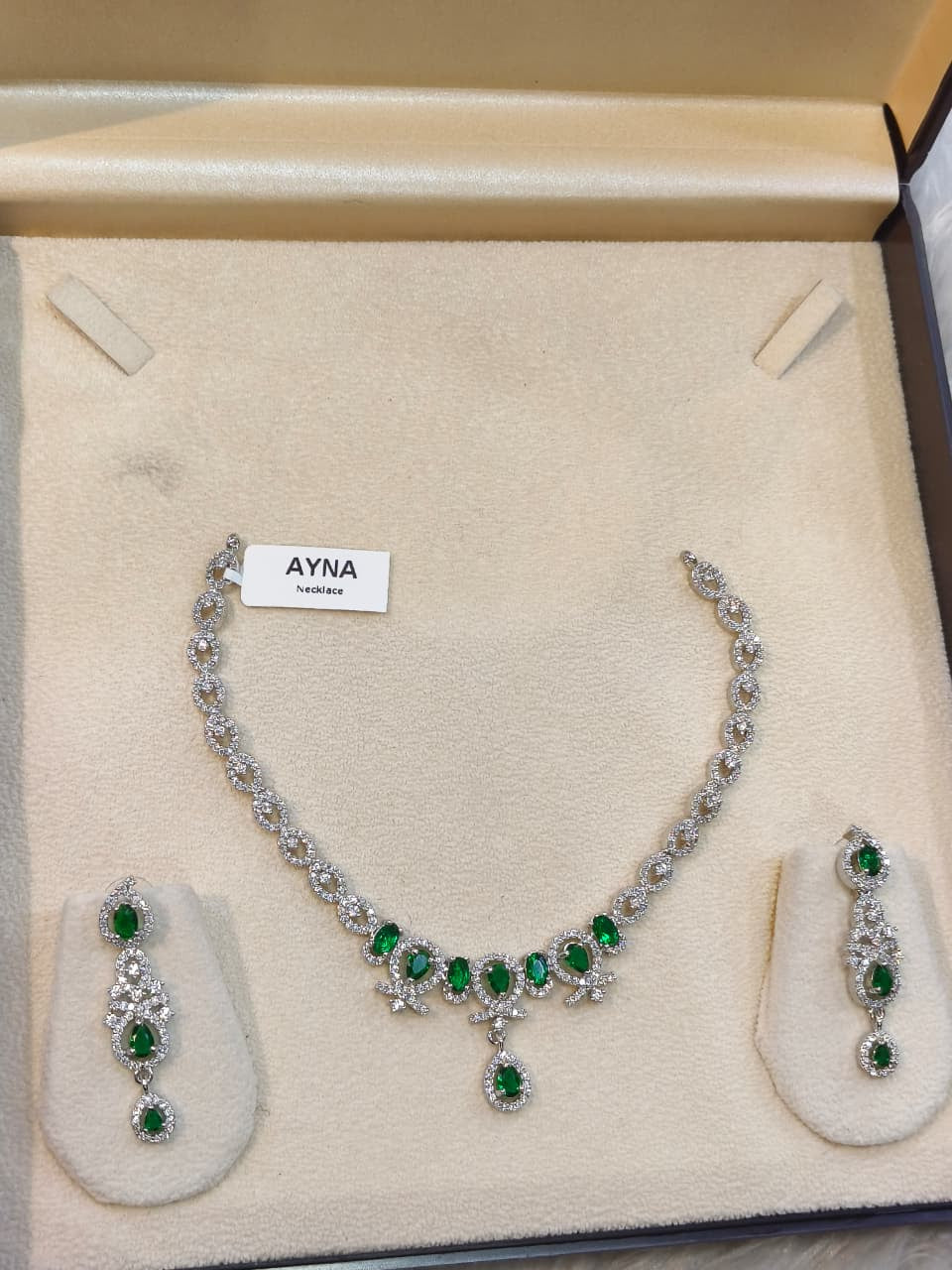 AYNA Emerald Green & Silver AD Necklace Set
