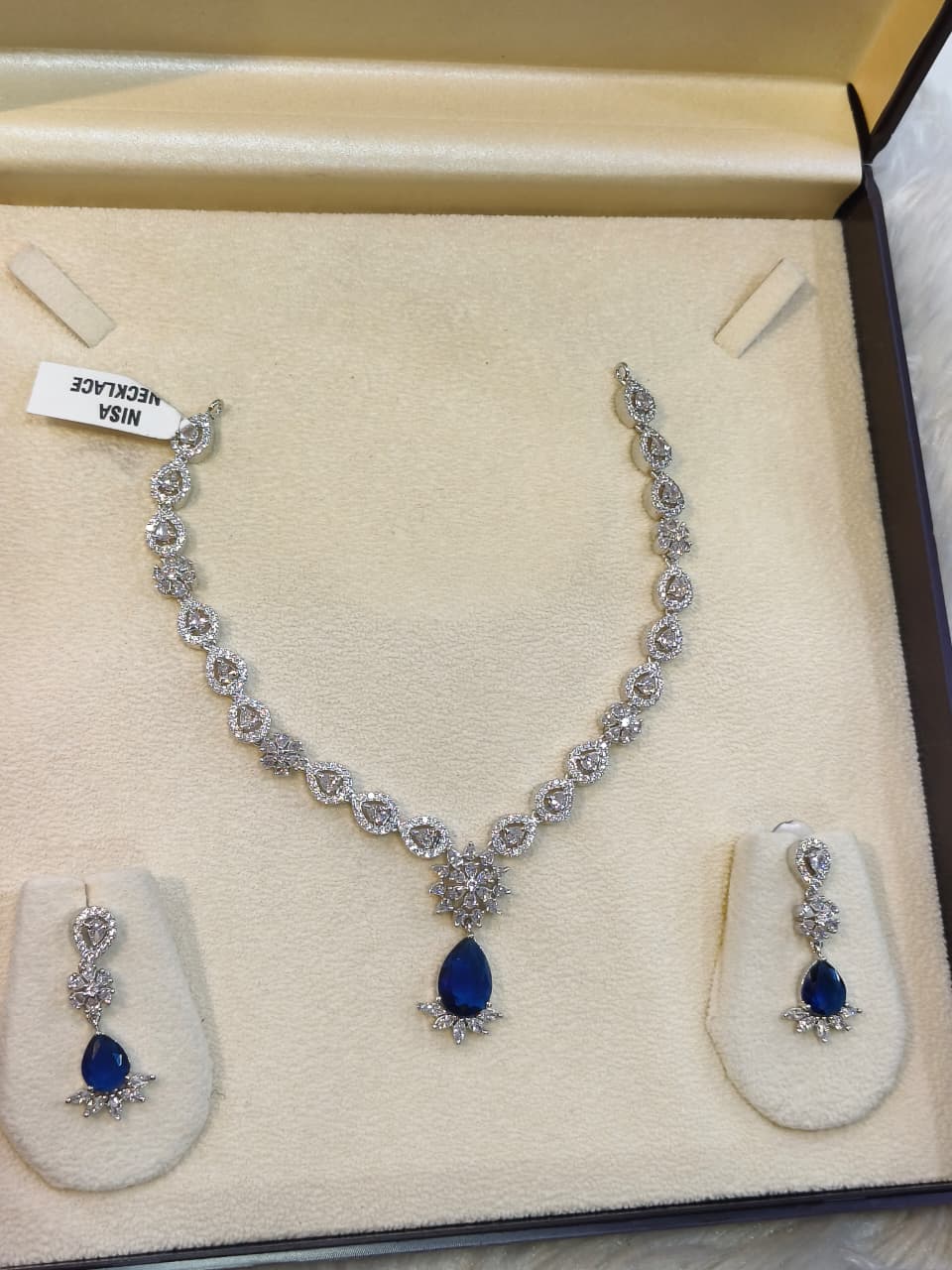 Royal Blue Pear-Drop AD Necklace & Earring Set