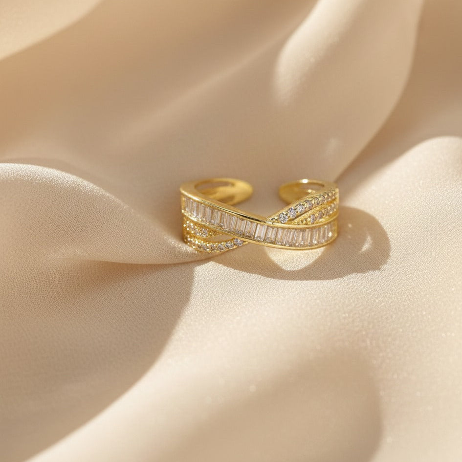 Nisa Premium Golden-Polish X-Cross Design With Diamond And Small Cystal Studded Fingering For Women and Girls