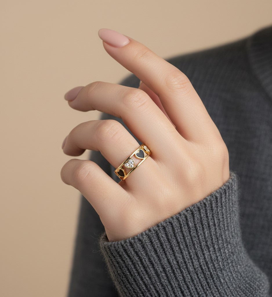 Nisa Premium Golden-Polish Heart Shape Design With Diamonds And Heart Shape Black Pearl Studded Fingering For Women and Girls