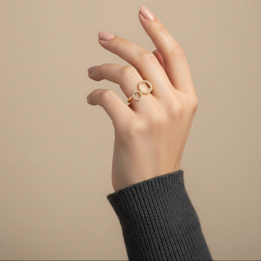 Nisa Premium Golden-Polish Gear Round Design With AD-Studded Fingering For Women and Girls