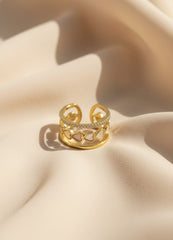 Nisa Premium Golden-Polish Joint Heart Shape Design With Diamonds And Heart Shape Pearl Studded Fingering For Women and Girls