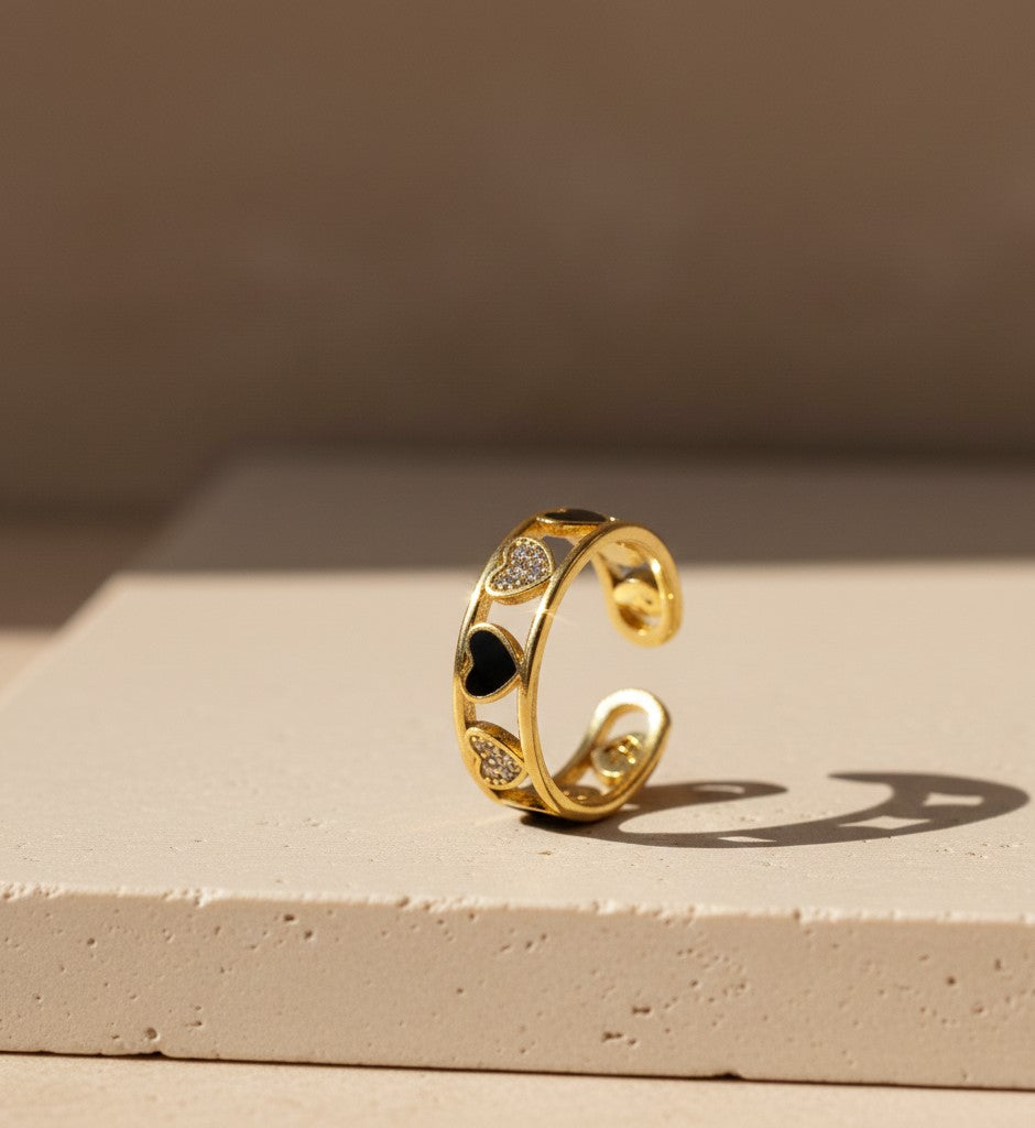 Nisa Premium Golden-Polish Heart Shape Design With Diamonds And Heart Shape Black Pearl Studded Fingering For Women and Girls