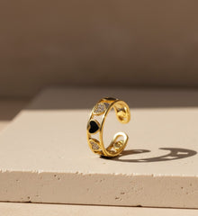 Nisa Premium Golden-Polish Heart Shape Design With Diamonds And Heart Shape Black Pearl Studded Fingering For Women and Girls