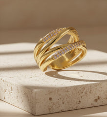 Nisa Premium Golden-Polish Dual Cross Design With Diamond Studded  Fingering For Women and Girls