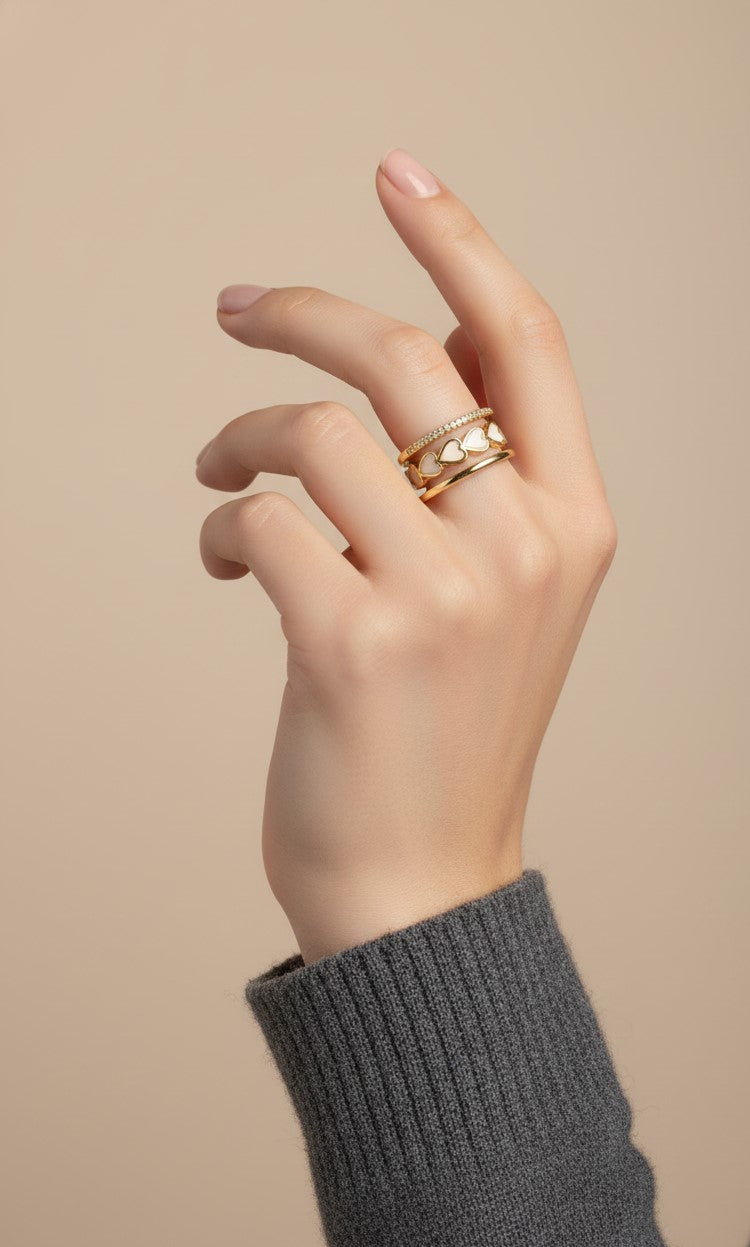 Nisa Premium Golden-Polish Joint Heart Shape Design With Diamonds And Heart Shape Pearl Studded Fingering For Women and Girls