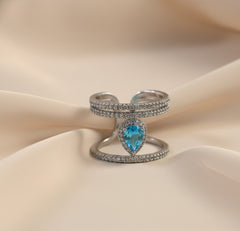 Nisa Premium Silver-Polish Peacock-Feather Design With Diamond Of Crystal-Blue Studded Fingering For Women and Girls