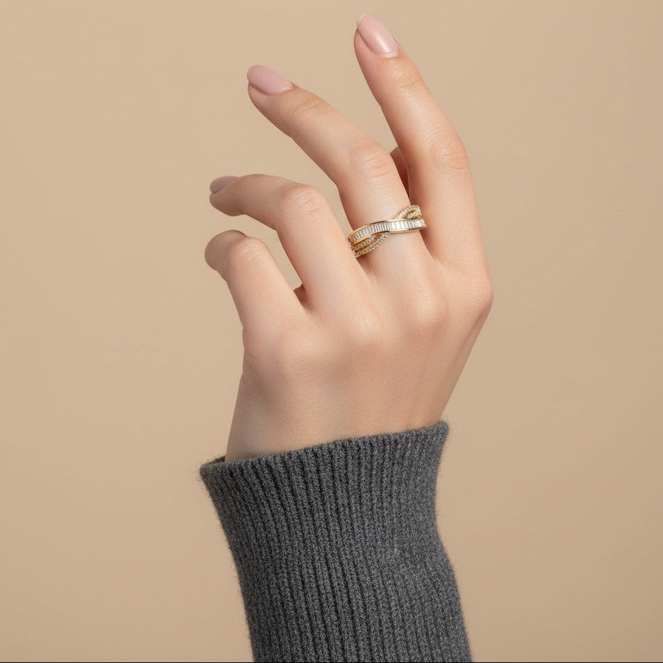 Nisa Premium Golden-Polish X-Cross Design With Diamond And Small Cystal Studded Fingering For Women and Girls