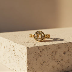 Nisa Premium Golden-Polish Round-Quad Design With Diamond And Cystal Studded Fingering For Women and Girls