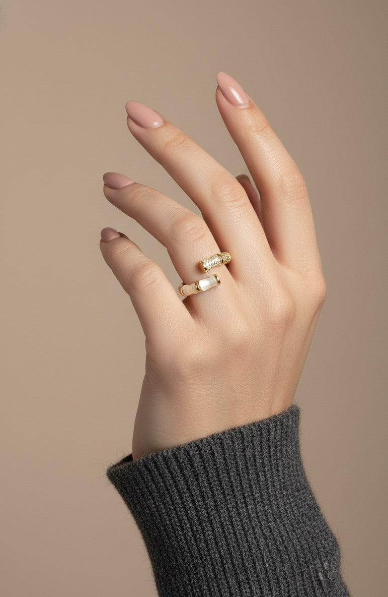 Nisa Premium Golden-Polish Korean-Bamboo Design With Diamonds And White Pearl Studded Fingering For Women and Girls