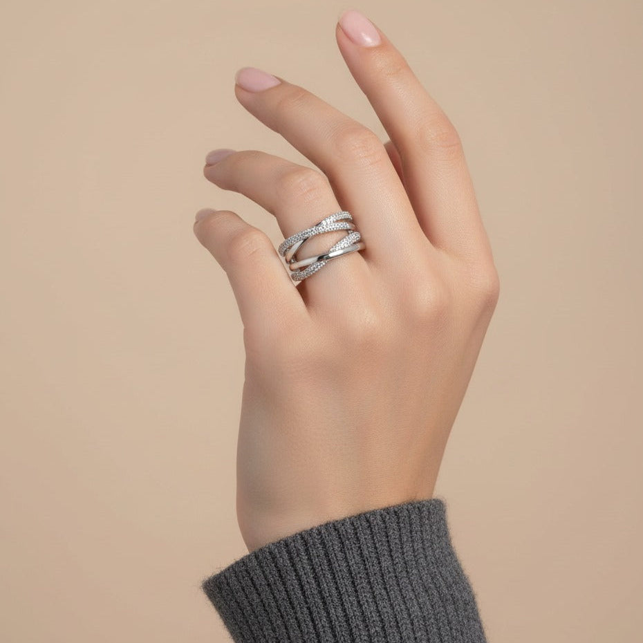 Nisa Premium Silver-Polish Dual Cross Design With Diamond Studded  Fingering For Women and Girls